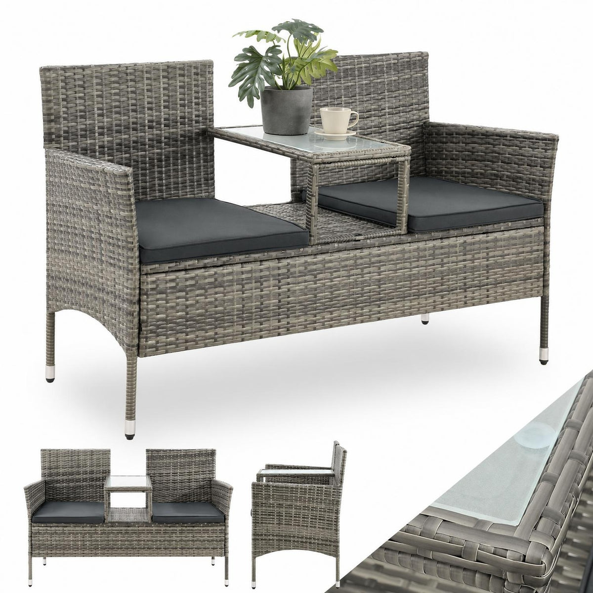 Wicker tuinbank Monaco – 2 personen, 133x63x84 cm met tafel