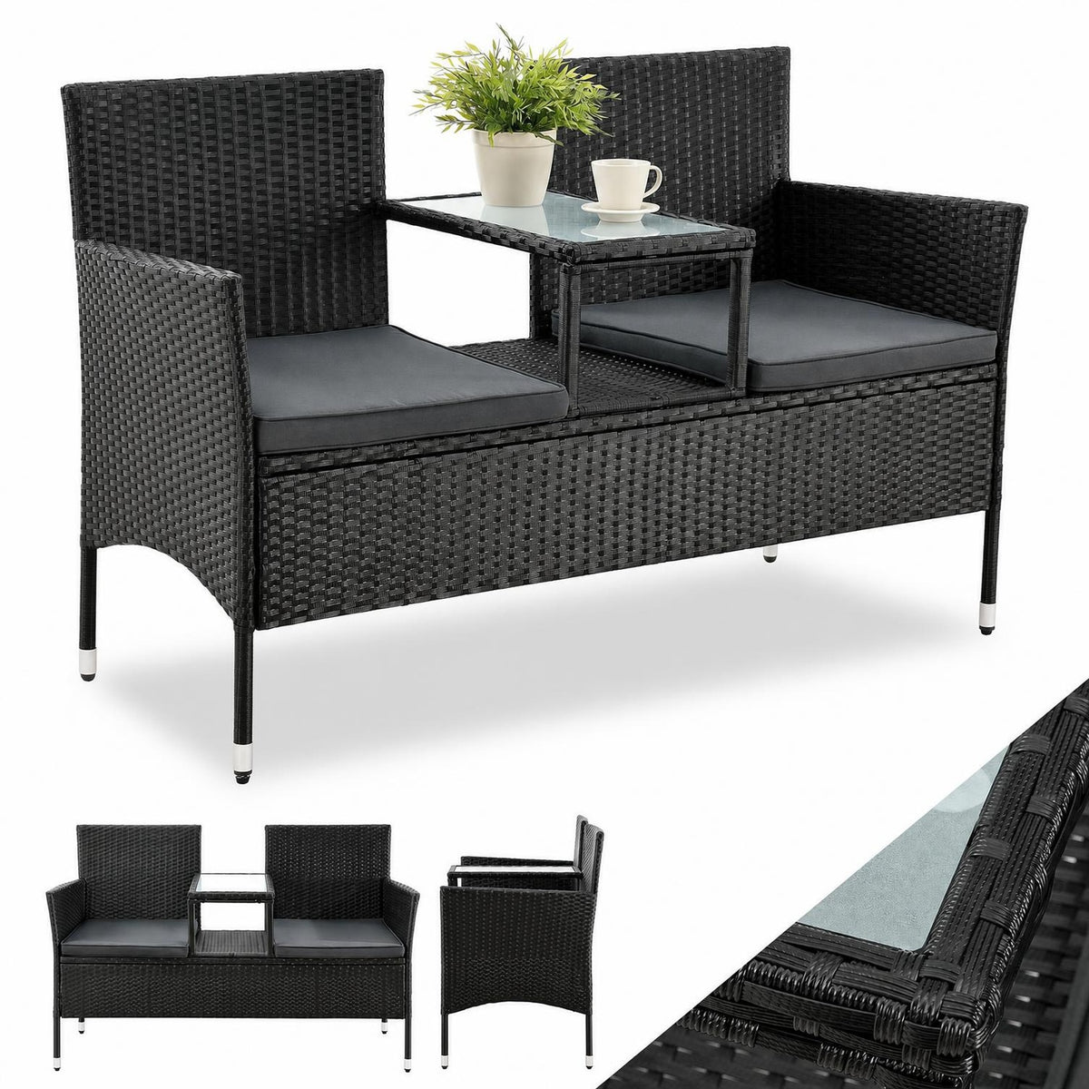 Wicker tuinbank Monaco – 2 personen, 133x63x84 cm met tafel