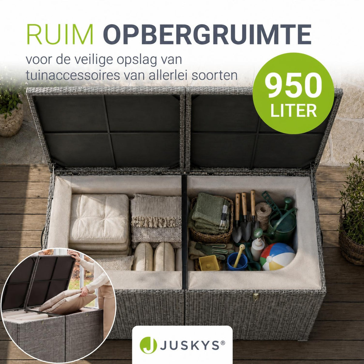 Kussenbox Ikaria van wicker – 950 liter, met binnenzeil