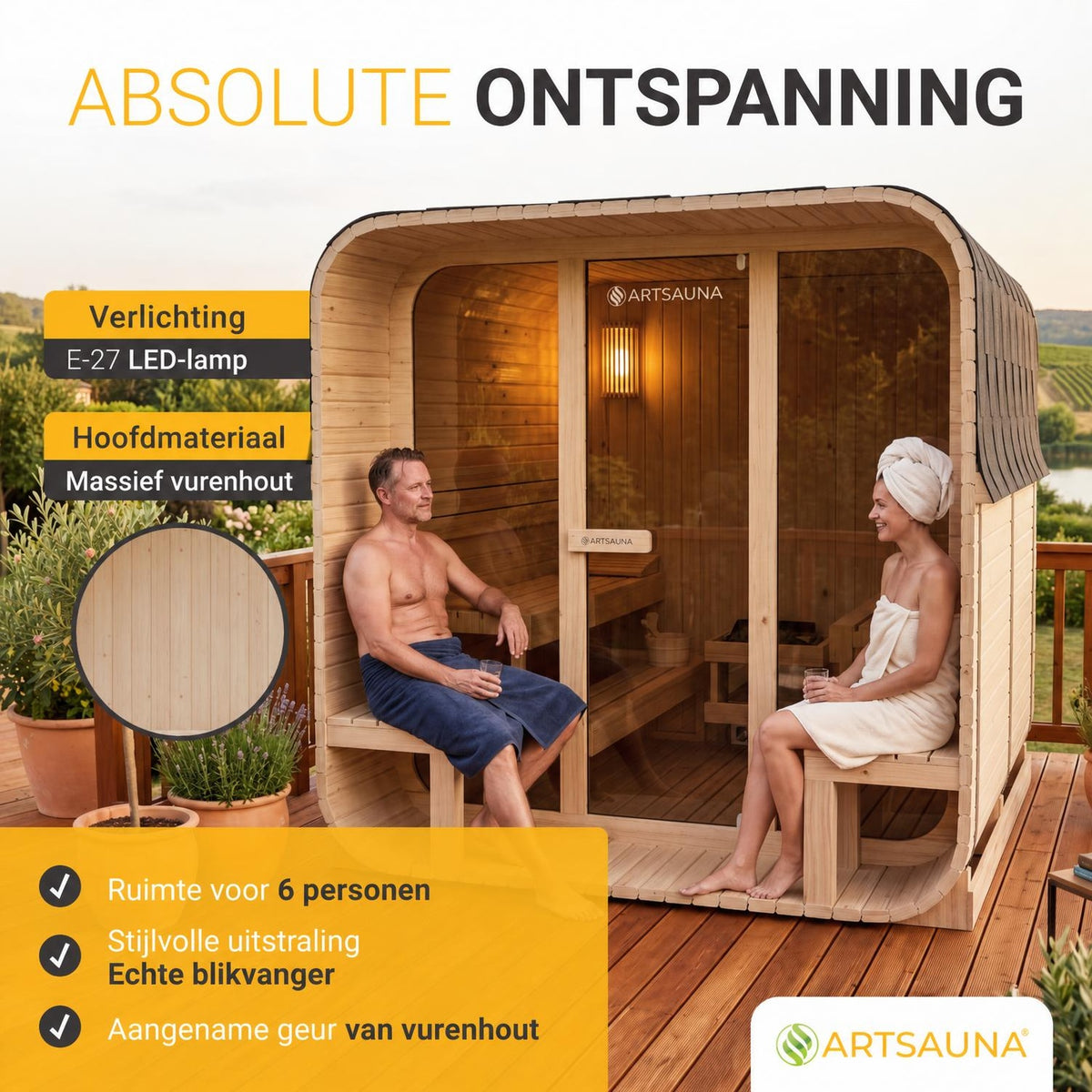Buitensauna Fjora XL – 6 personen, 9 kW kachel