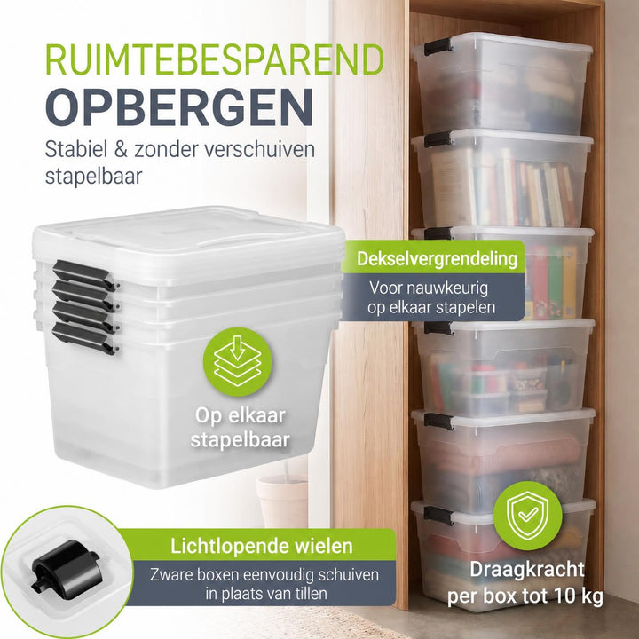 Opbergbox met deksel 30 liter – set van 4, stapelbaar