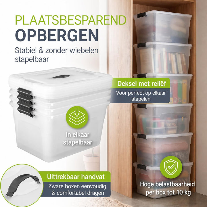 Opbergbox met deksel 30 liter – set van 4, stapelbaar