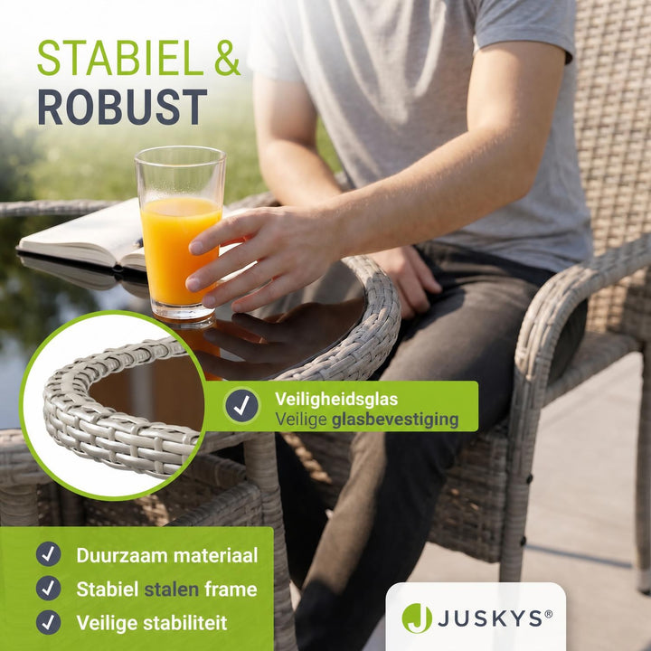 Ronde wicker tuintafel Yoro – zwart, met glazen tafelblad