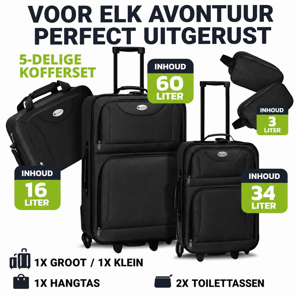 Kofferset Athen – 5-delig, 2 trolleys met schoudertas, zwart