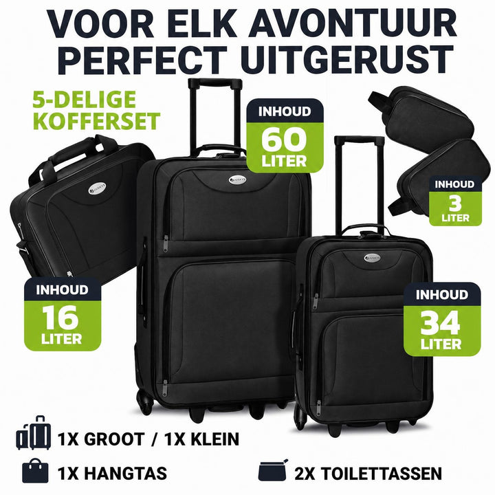 Kofferset Athen – 5-delig, 2 trolleys met schoudertas, zwart