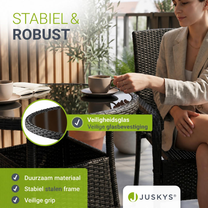 Ronde wicker tuintafel Yoro – zwart, met glazen tafelblad