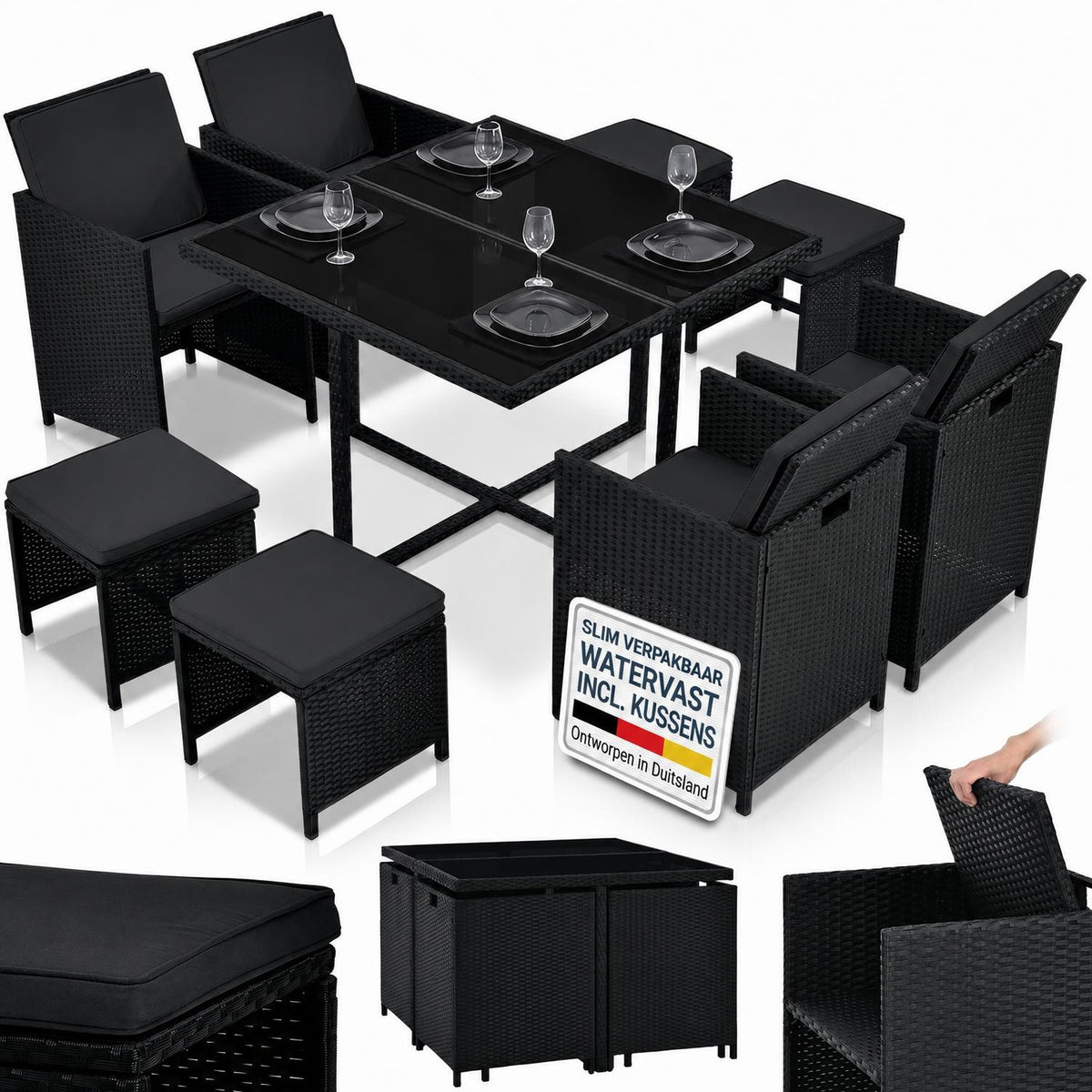 Wicker tuinset Baracoa – 9-delig voor 8 personen, zwart en grijs