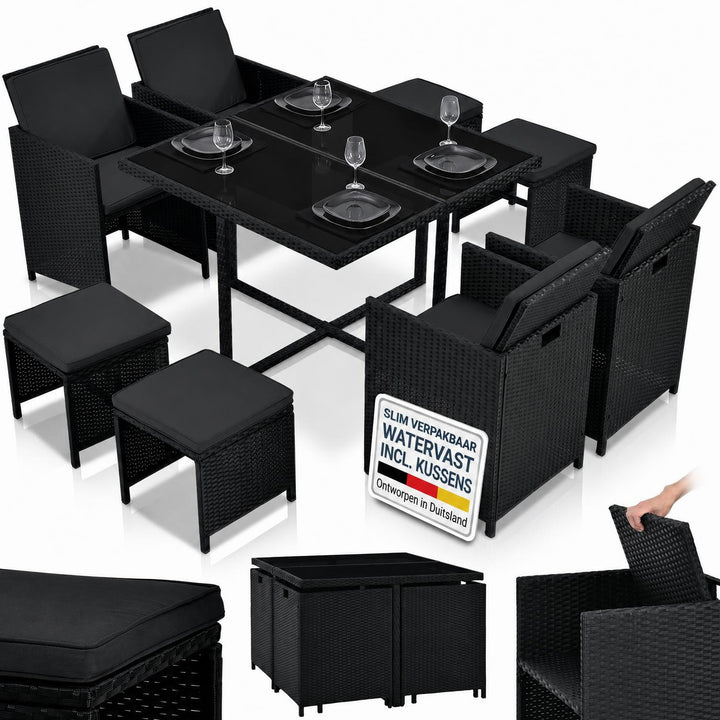 Wicker tuinset Baracoa – 9-delig voor 8 personen, zwart en grijs