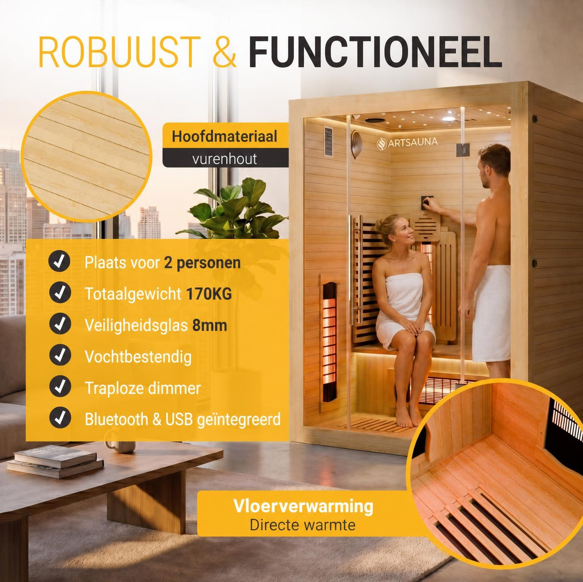 Infraroodcabine Aarhus 140 – 2 personen, 9 stralers, naturel