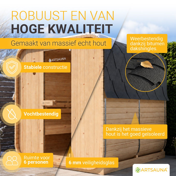 Barrelsauna Nolvik – vierkant, vurenhout, 3,6 kW saunakachel