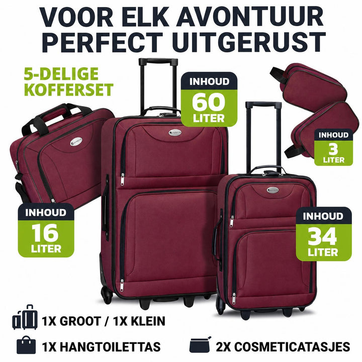Kofferset Athen – 5-delig, 2 trolleys met schoudertas, zwart