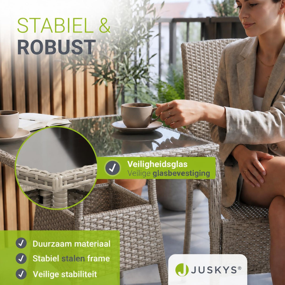 Tuintafel Yoro – vierkant, wicker met glazen blad, zwart