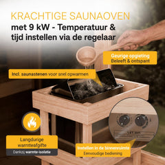 Buitensauna Fjora XXL – 6 personen, 9 kW kachel, relaxruimte