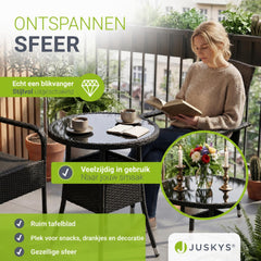 Ronde wicker tuintafel Yoro – zwart, met glazen tafelblad