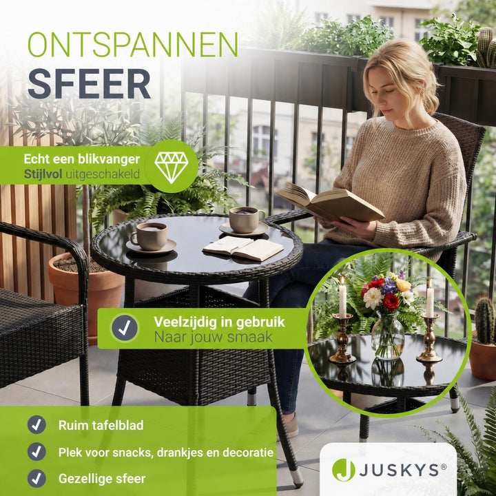 Ronde wicker tuintafel Yoro – zwart, met glazen tafelblad