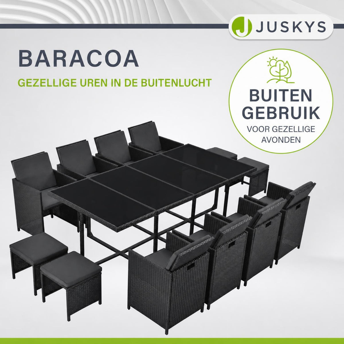 Wicker tuinset Baracoa – 9-delig voor 8 personen, zwart en grijs