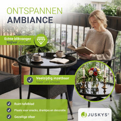 Ronde wicker tuintafel Yoro – zwart, met glazen tafelblad