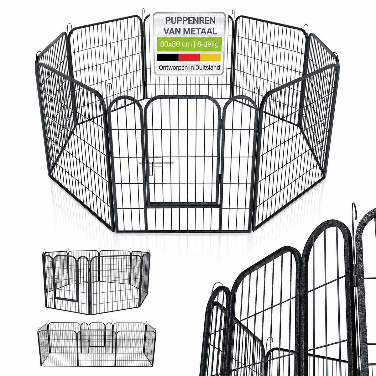 Puppyren van metaal 160x160x60 cm – 8 panelen met deur