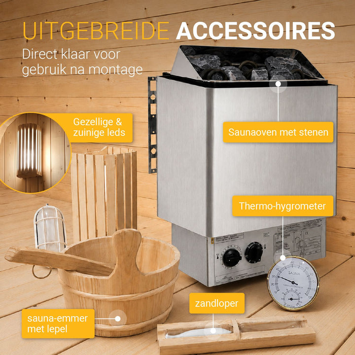 Barrelsauna Nolvik – vierkant, vurenhout, 3,6 kW saunakachel