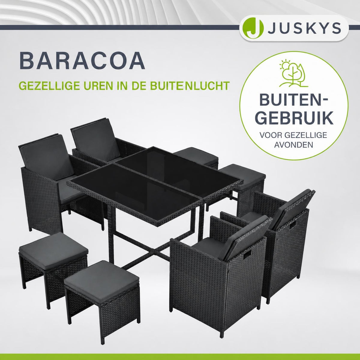 Wicker tuinset Baracoa – 9-delig voor 8 personen, zwart en grijs