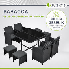 Wicker tuinset Baracoa – 9-delig voor 8 personen, zwart en grijs