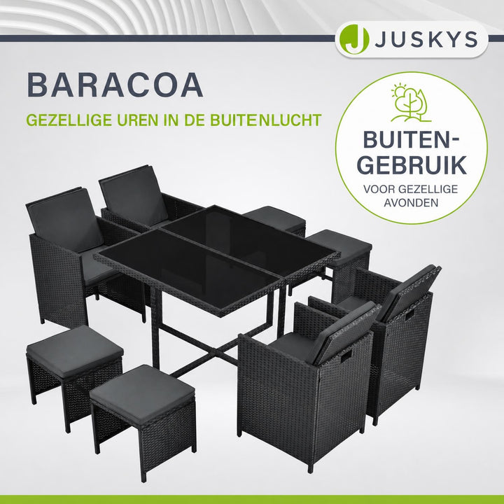 Wicker tuinset Baracoa – 9-delig voor 8 personen, zwart en grijs