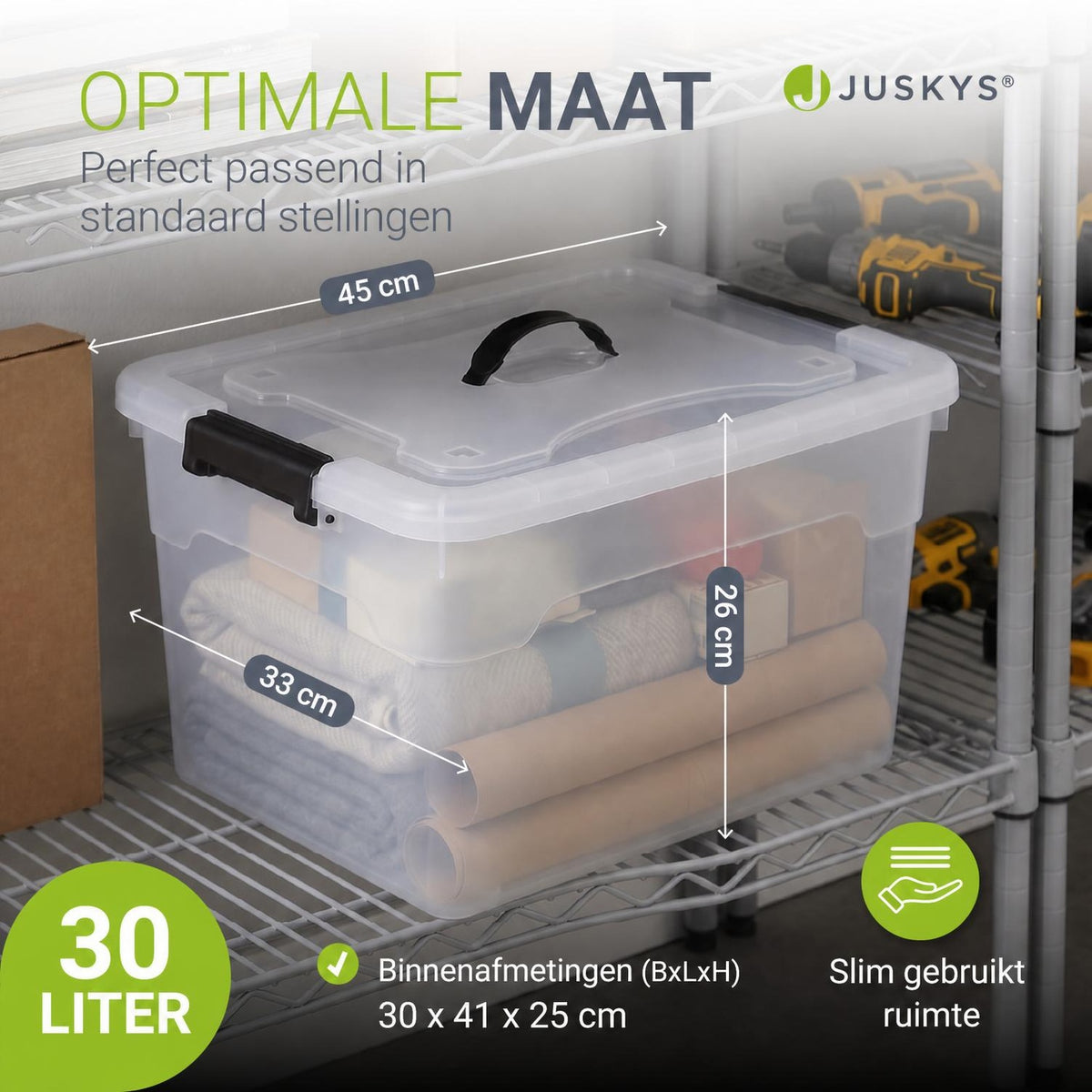 Opbergbox met deksel 30 liter – set van 4, stapelbaar