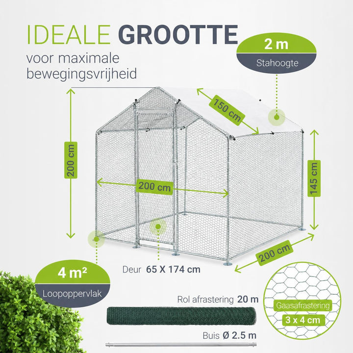 Kippenren HLS25T 2x2x2 m – verzinkt gaas met PE-dekzeil