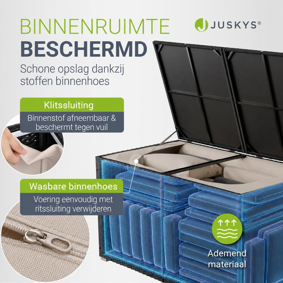Kussenbox Ikaria van wicker – 950 liter, met binnenzeil