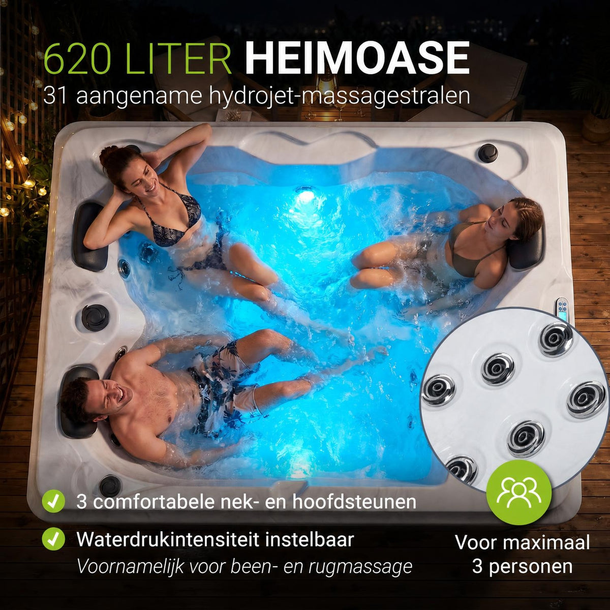 Buitenspa Oasis – 3 personen, 31 massagejets en LED-verlichting