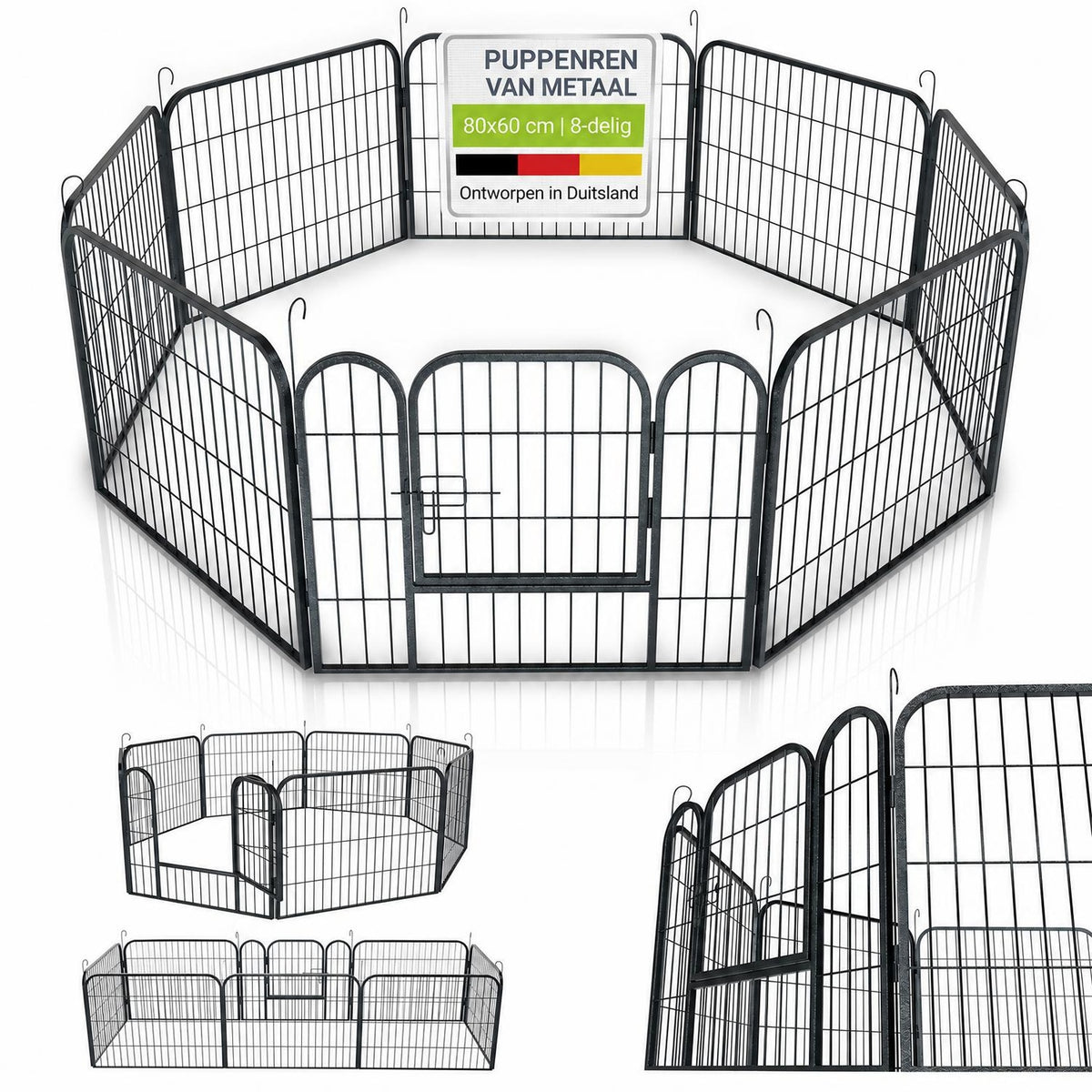 Puppyren van metaal 160x160x60 cm – 8 panelen met deur