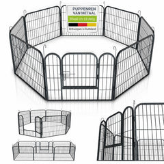 Puppyren van metaal 160x160x60 cm – 8 panelen met deur