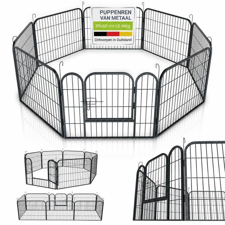 Puppyren van metaal 160x160x60 cm – 8 panelen met deur
