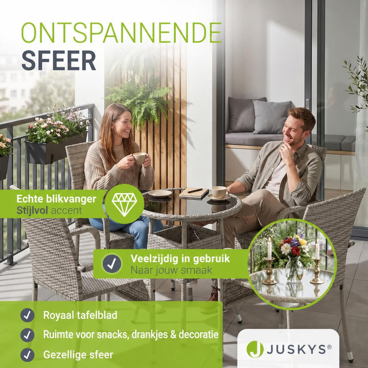 Ronde wicker tuintafel Yoro – zwart, met glazen tafelblad