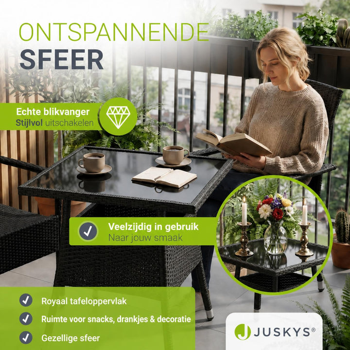 Tuintafel Yoro – vierkant, wicker met glazen blad, zwart