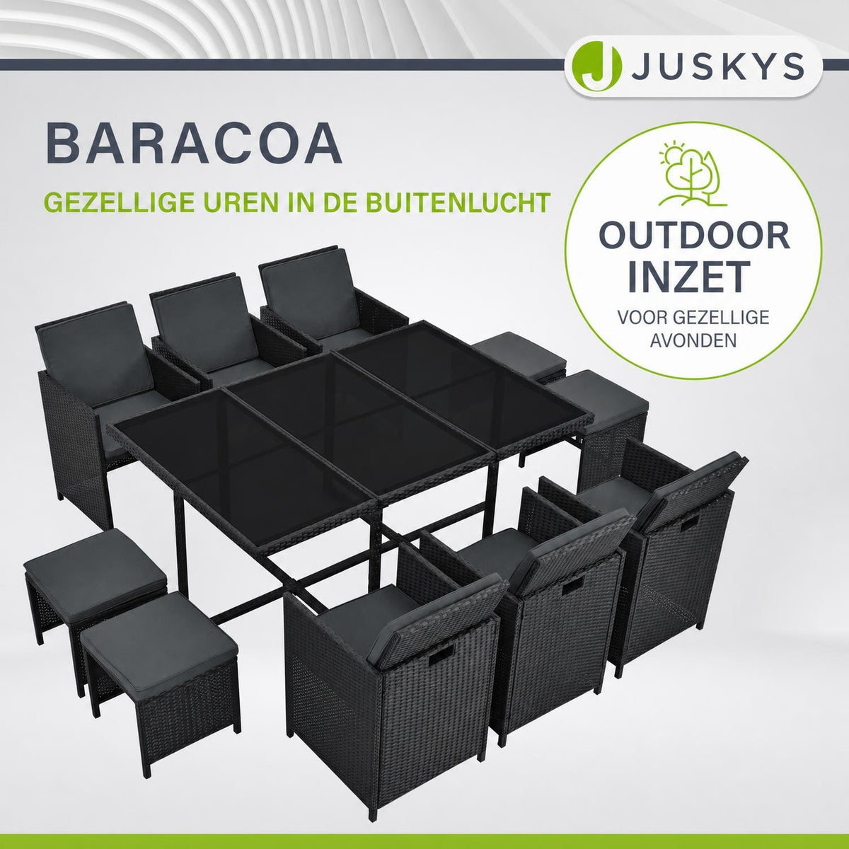Wicker tuinset Baracoa – 9-delig voor 8 personen, zwart en grijs