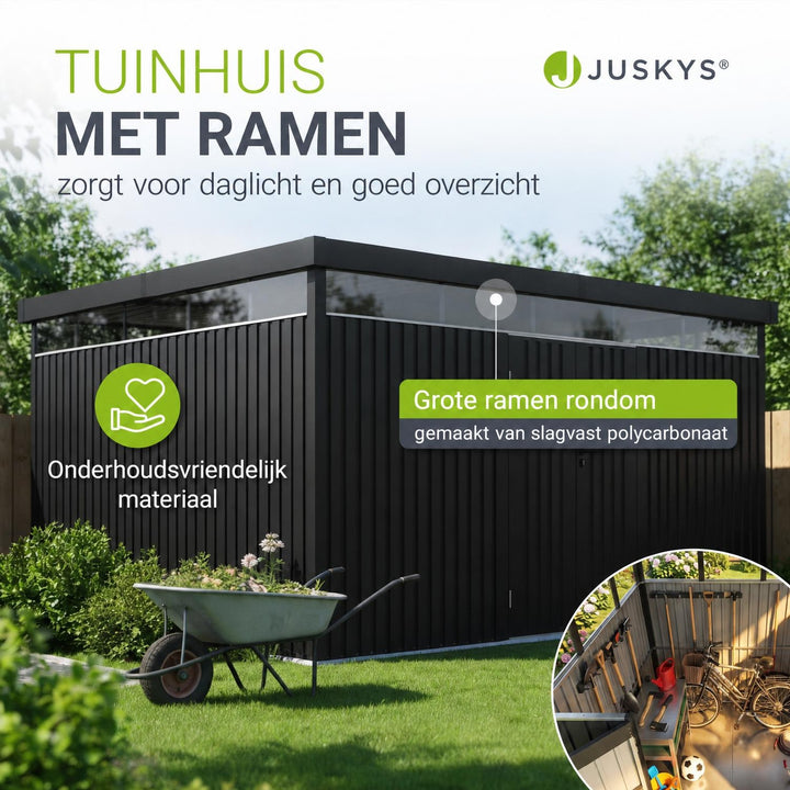 Metalen tuinhuis Luzern – met raam en afsluitbare dubbele deur