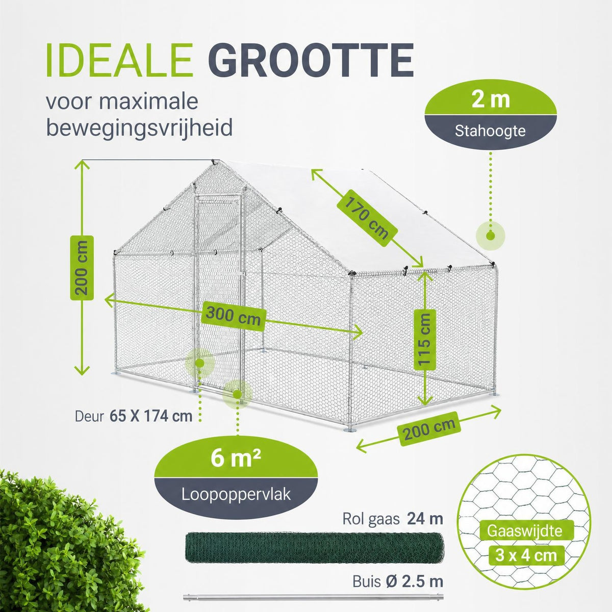 Kippenren HLS25T 2x2x2 m – verzinkt gaas met PE-dekzeil