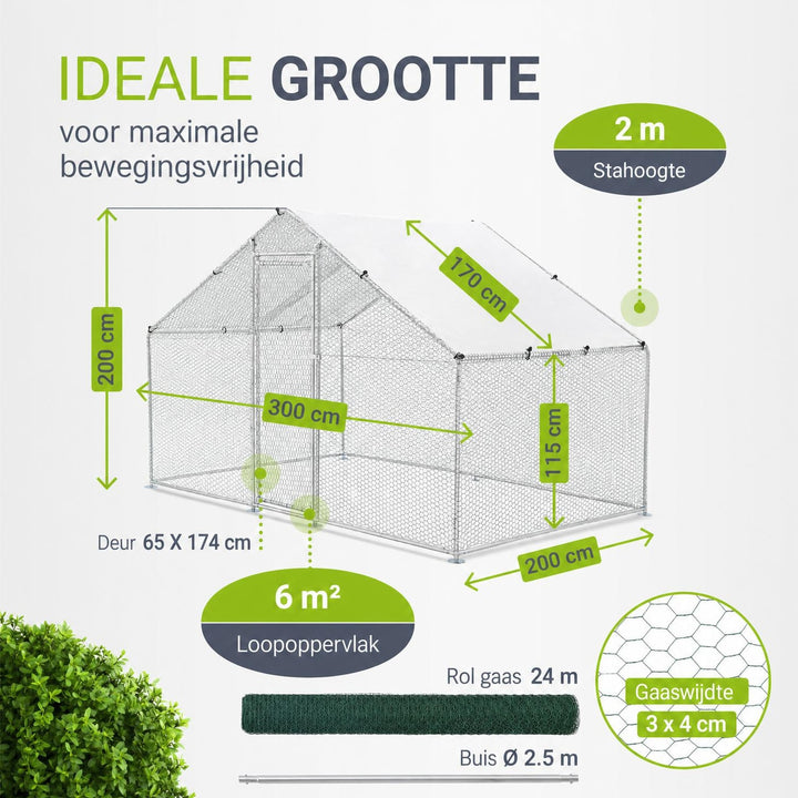 Kippenren HLS25T 2x2x2 m – verzinkt gaas met PE-dekzeil