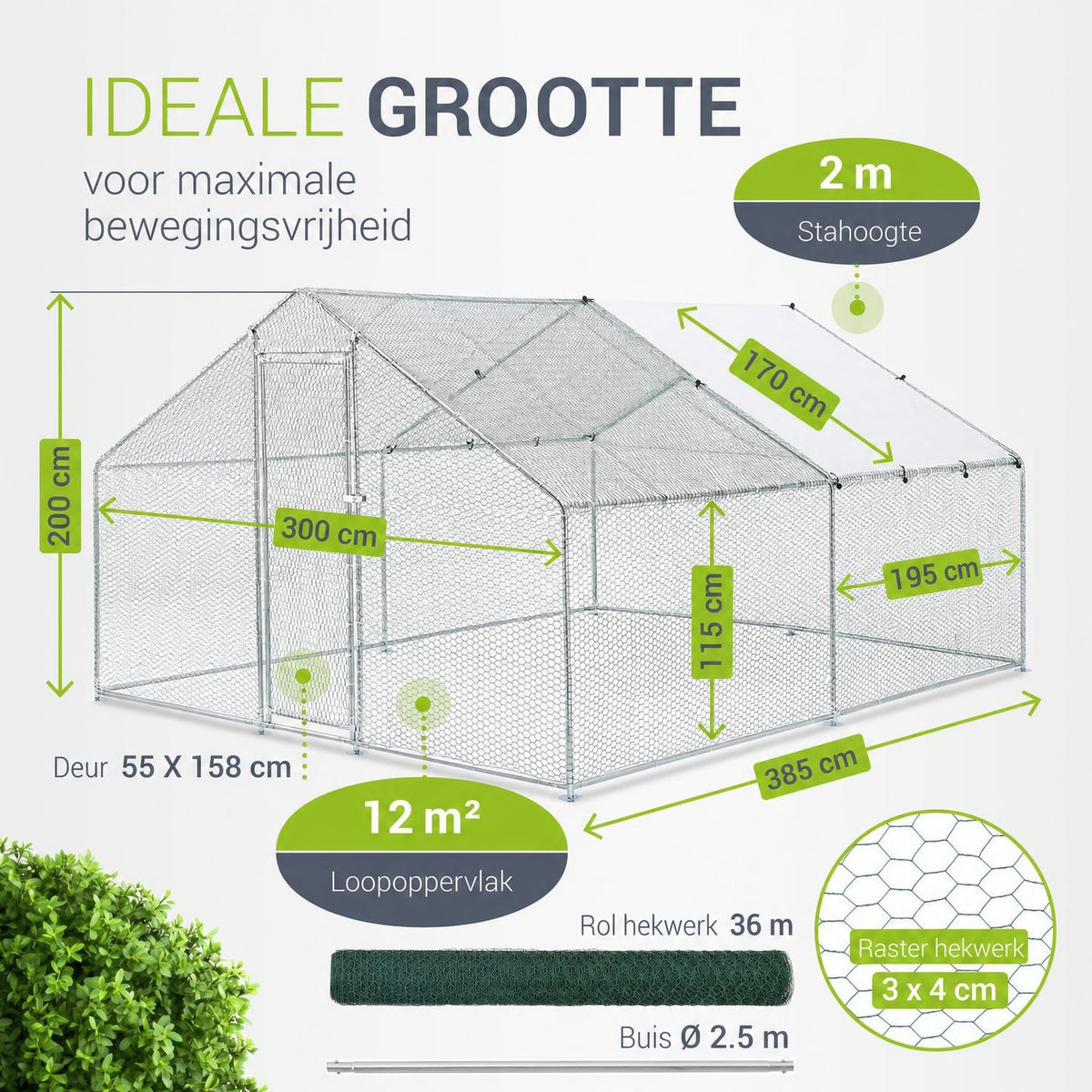 Kippenren HLS25T 2x2x2 m – verzinkt gaas met PE-dekzeil