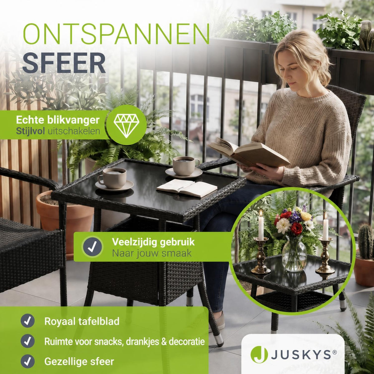 Tuintafel Yoro – vierkant, wicker met glazen blad, zwart