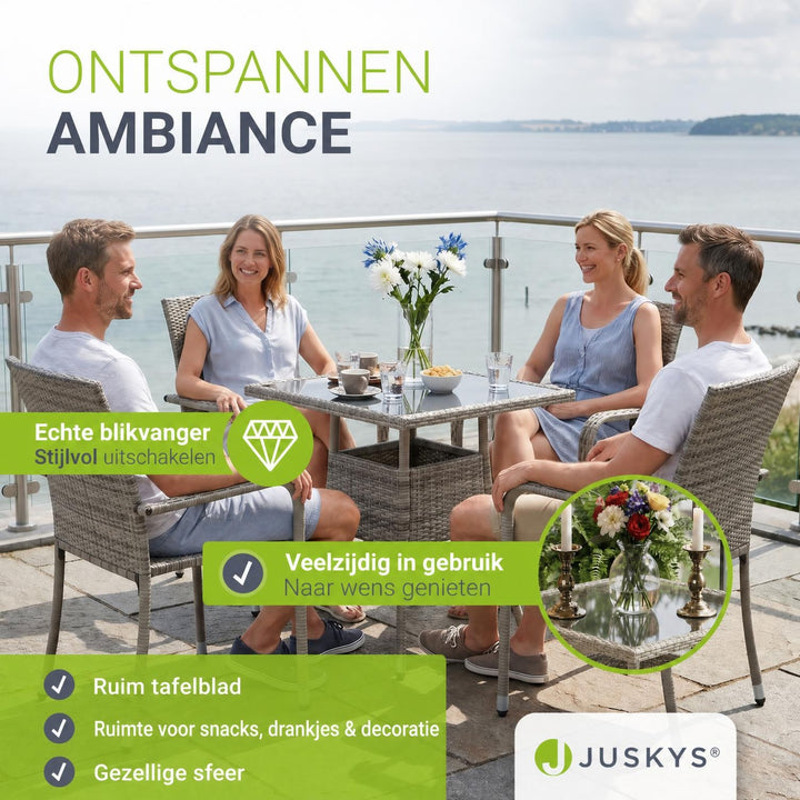 Tuintafel Yoro – vierkant, wicker met glazen blad, zwart