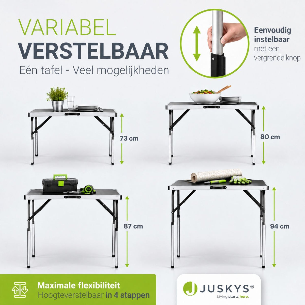 Multifunctionele tafelset van 3 – aluminium, 100x60 cm, inklapbaar