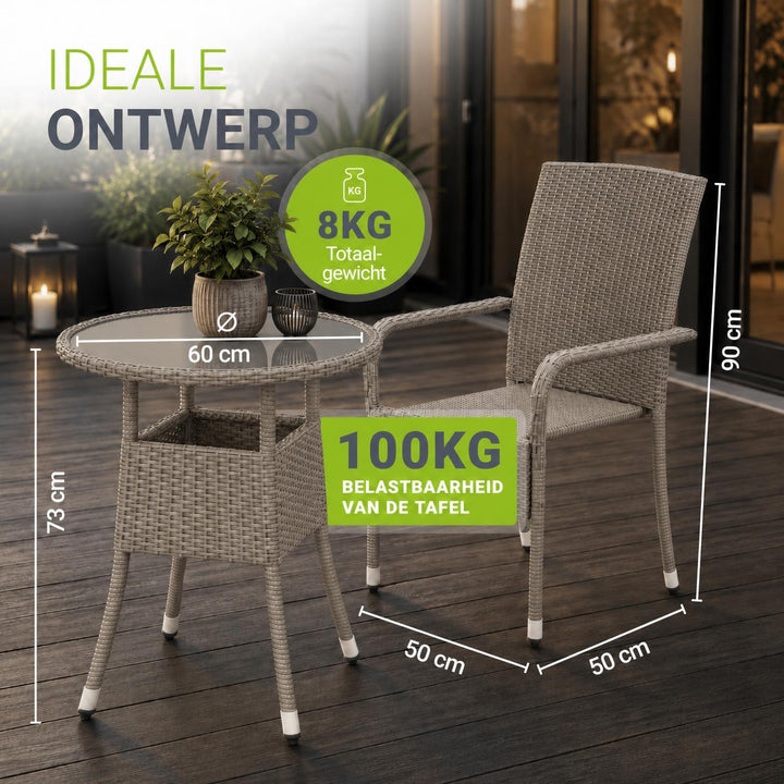 Ronde wicker tuintafel Yoro – zwart, met glazen tafelblad