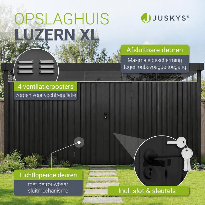 Metalen tuinhuis Luzern – met raam en afsluitbare dubbele deur