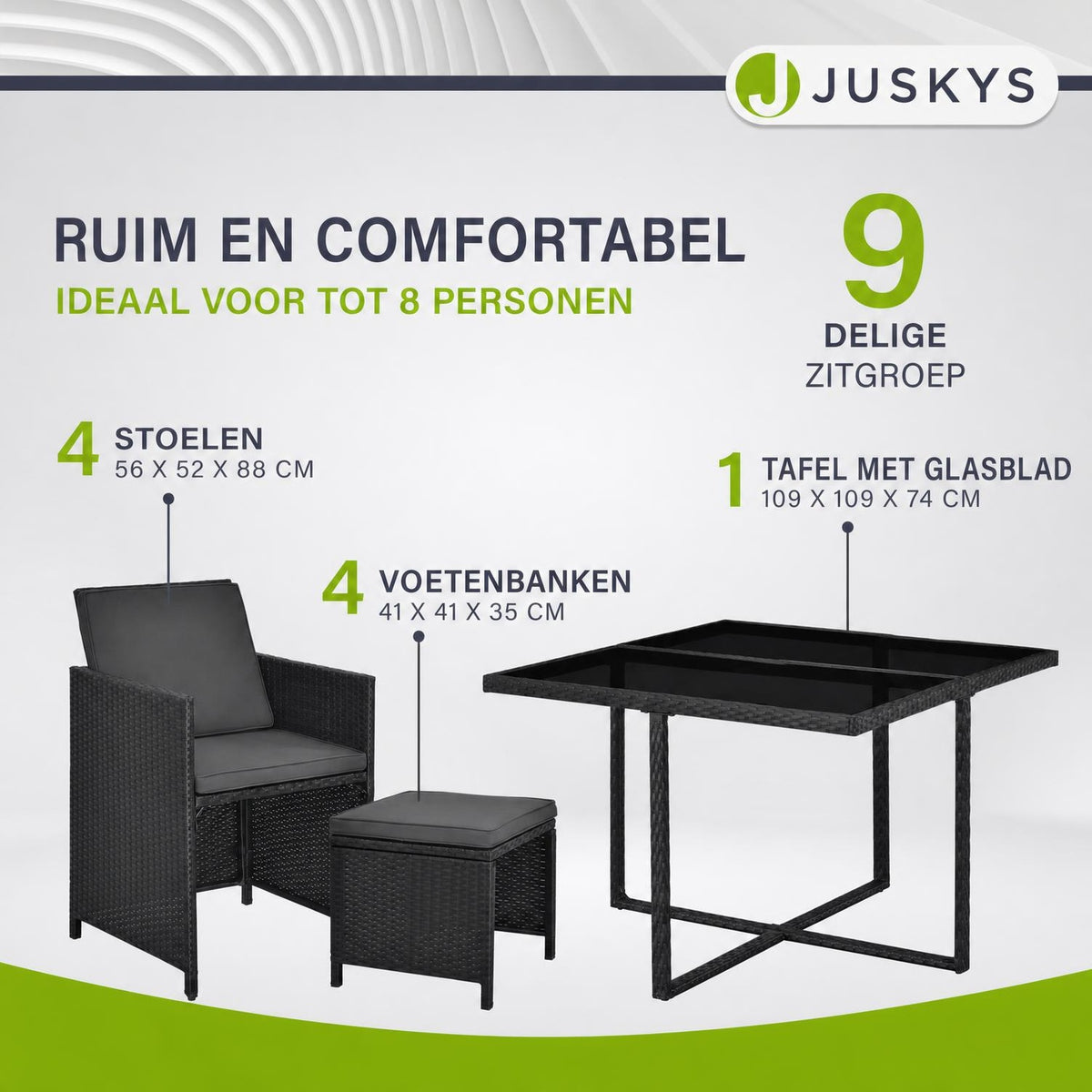 Wicker tuinset Baracoa – 9-delig voor 8 personen, zwart en grijs