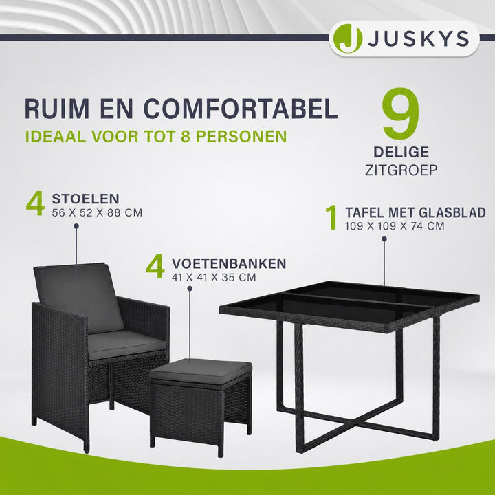 Wicker tuinset Baracoa – 9-delig voor 8 personen, zwart en grijs