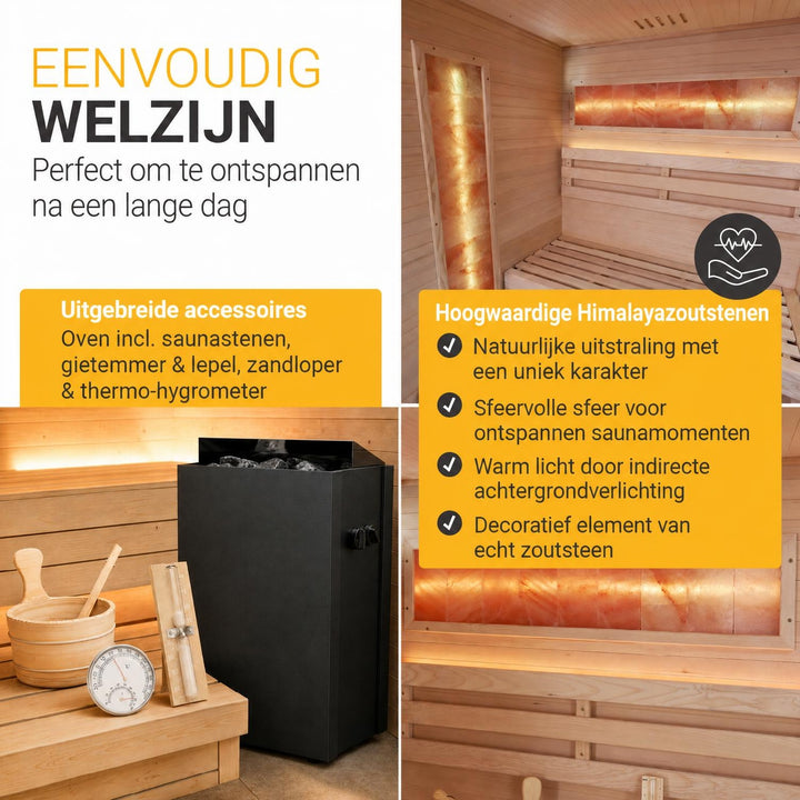 Finse sauna Vantaa – zwart hemlockhout, met kachel en zoutstenen