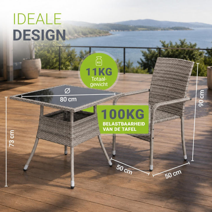 Tuintafel Yoro – vierkant, wicker met glazen blad, zwart