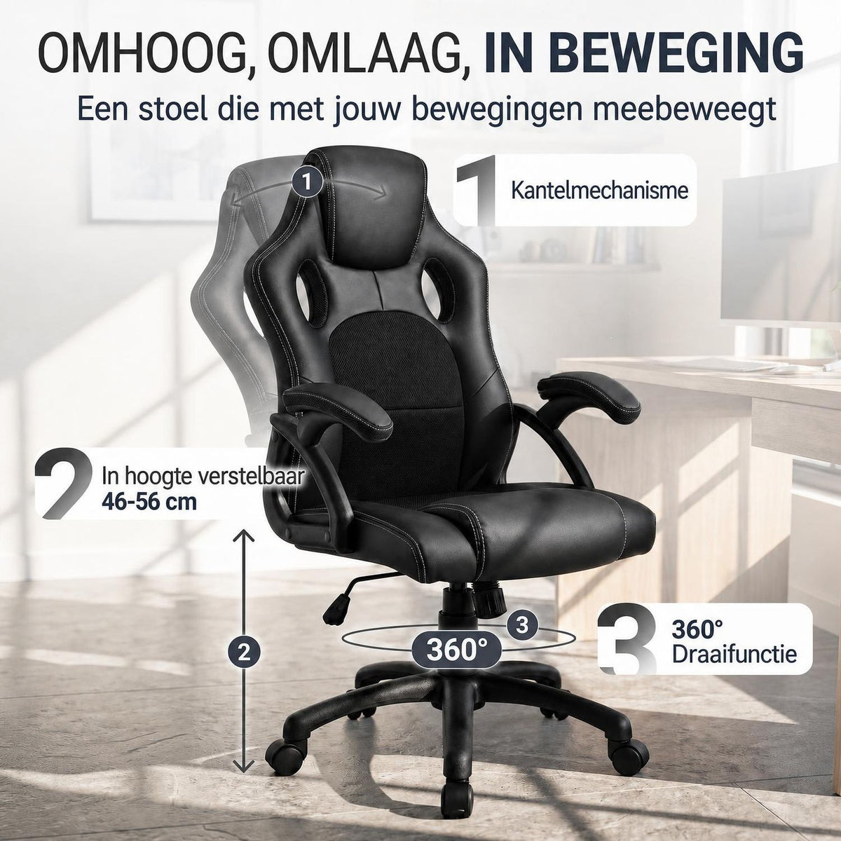 Bureaustoel Montreal in racingdesign – tot 120 kg, zwart